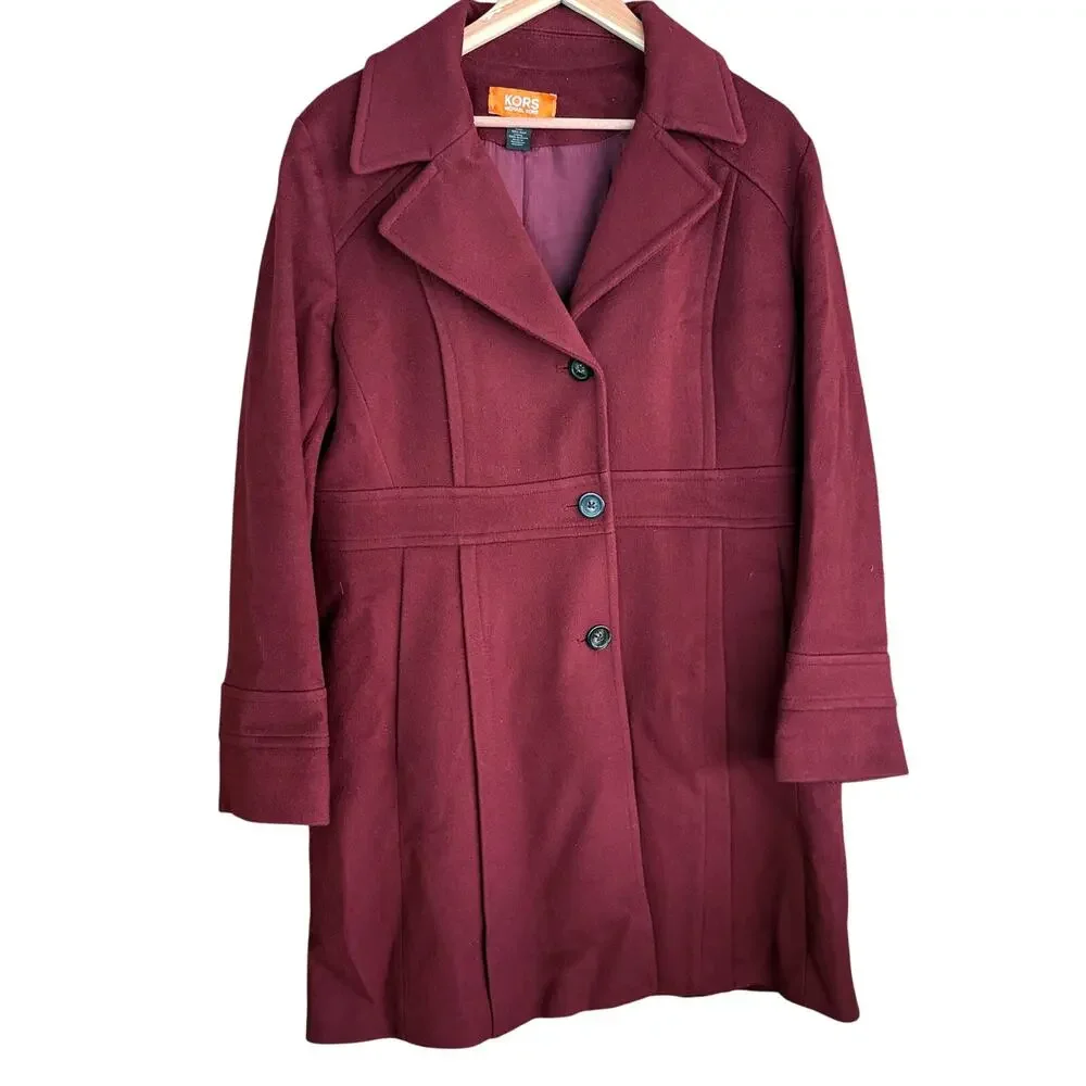 Michael Kors Wool Coat 14 Burgundy Red Jacket Button Pea Coat Academia Prep